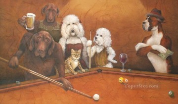  playing Painting - cat dogs playing pool